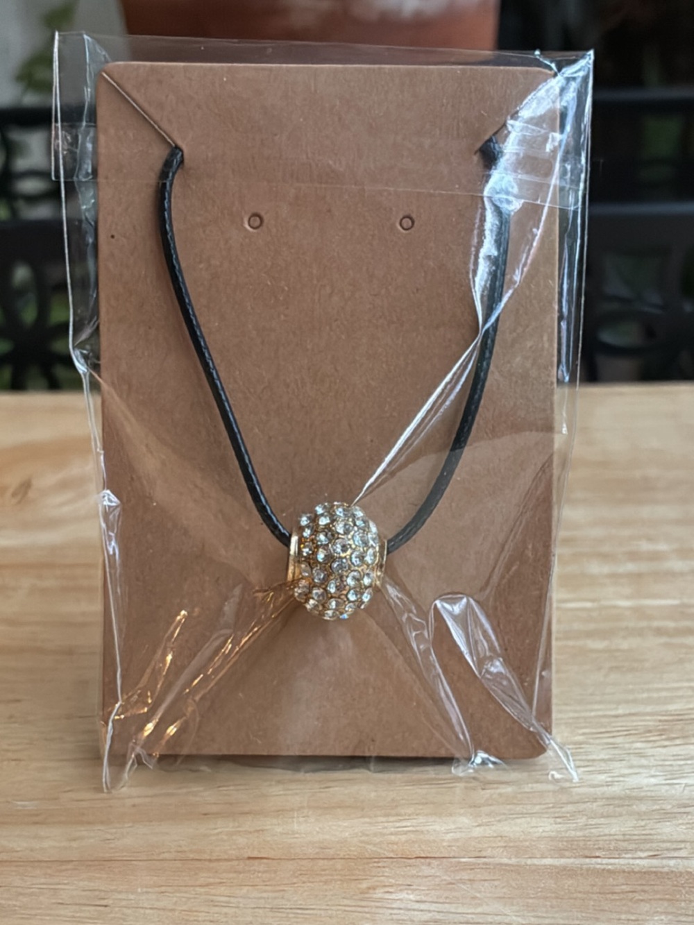 Handmade Gold Rhinestone Pave Bead Necklace on Sleek Black Cord